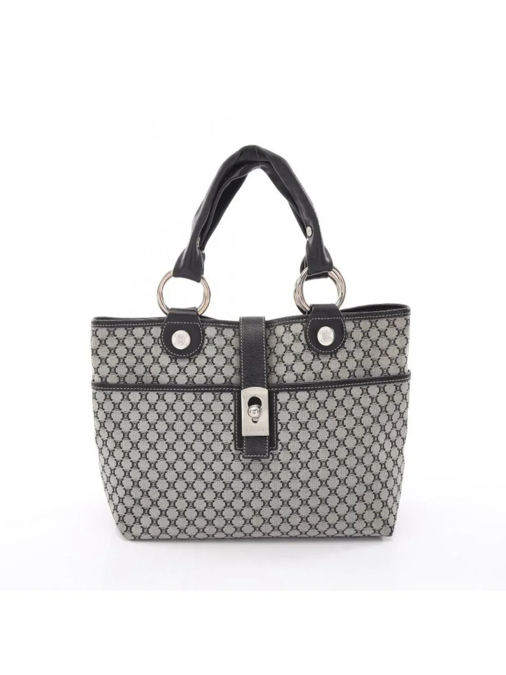 Celine Tote Macadam Gray Black Canvas Leather Paris